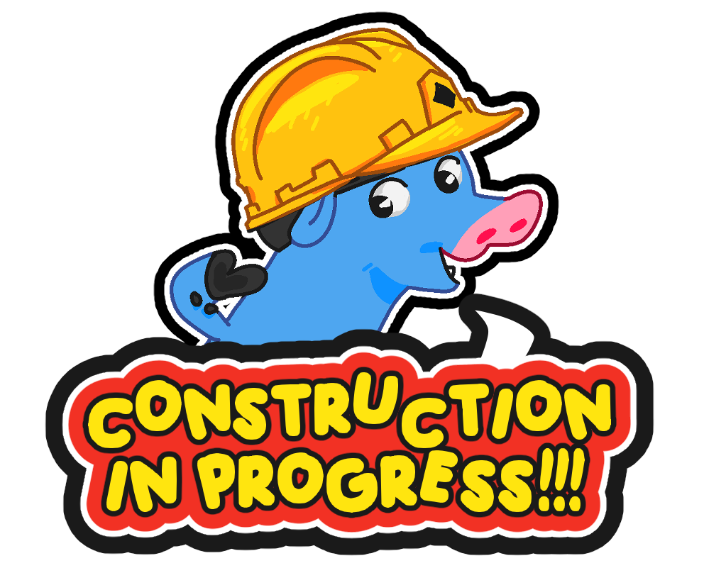 A blue cartoon pig in a yellow hard hat is saying Construction in progress!!!